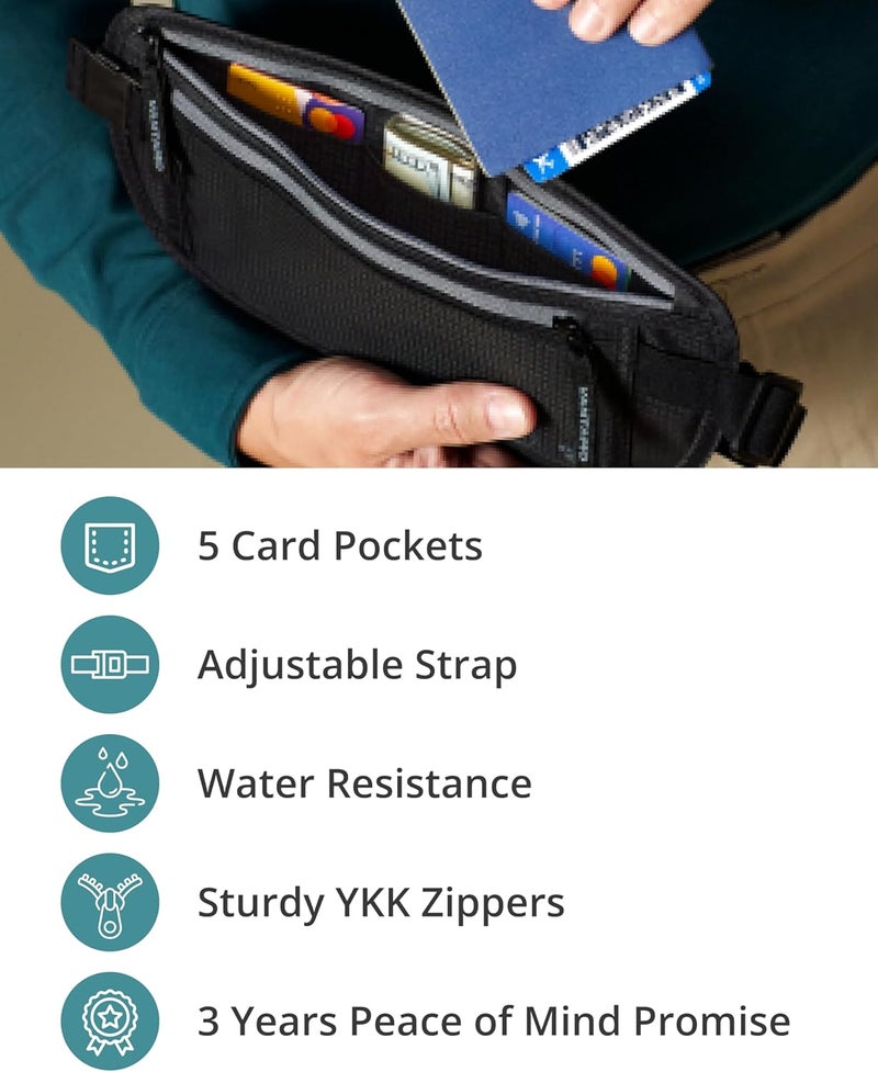 Vantamo حزام نقود مع RFID للرجال والنساء، حامل جواز سفر مخفي للسفر، حقيبة خصر للسفر بجيبين للنساء مضادة للسرقة - Image 5